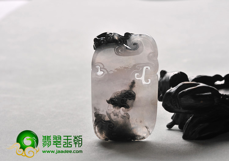 糯冰(乌鸡种)水墨色缅甸翡翠a货仿古龙凤牌挂件