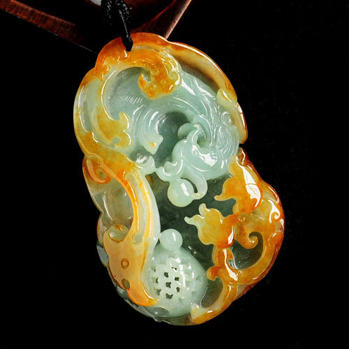 糯冰种红黄翡缅甸翡翠镂空雕龙凤呈祥挂件