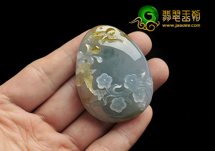 冰种褐黄翡略飘花缅甸翡翠a货花开富贵挂件