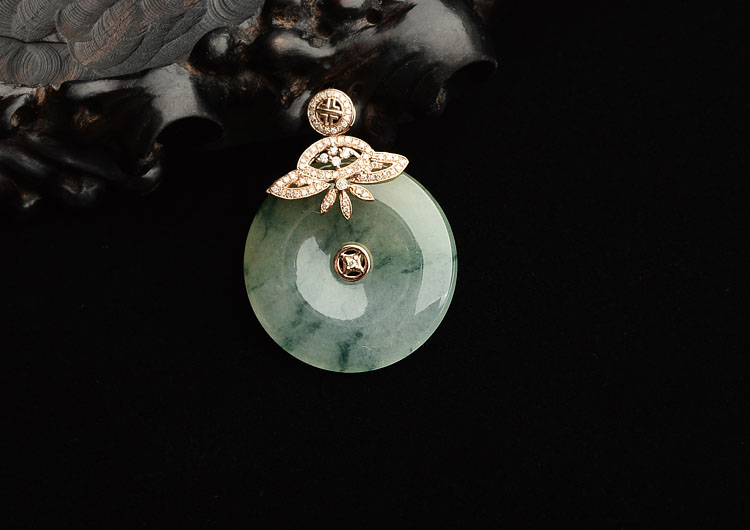 冰种飘花镶玫瑰金钻石平安扣胸坠