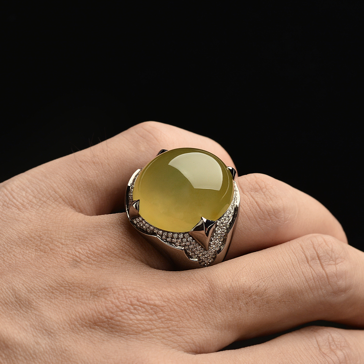 (超值推荐)冰种黄翡镶白金钻石戒指(男戒) - 戒指 - 翡翠王朝