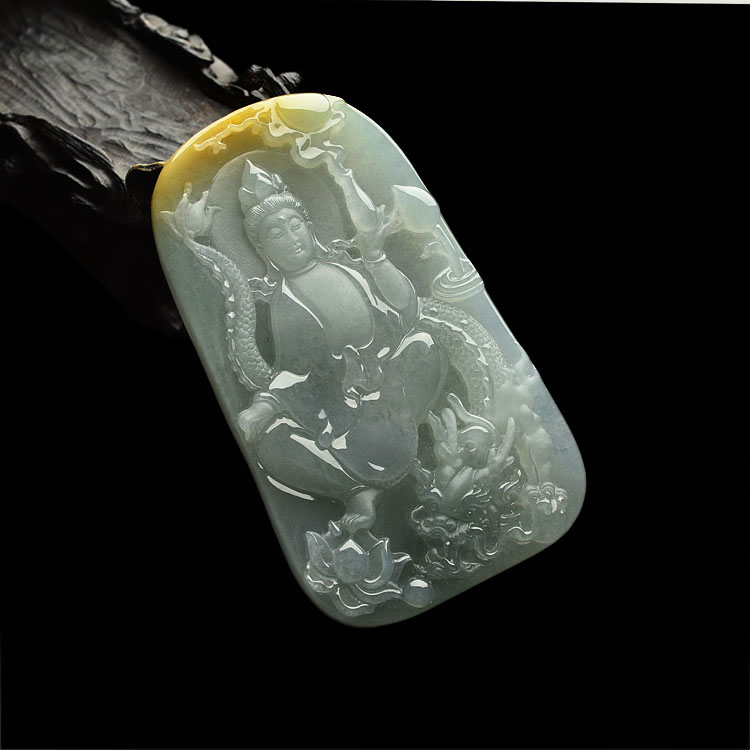 糯冰种晴水带黄翡降龙观音挂件