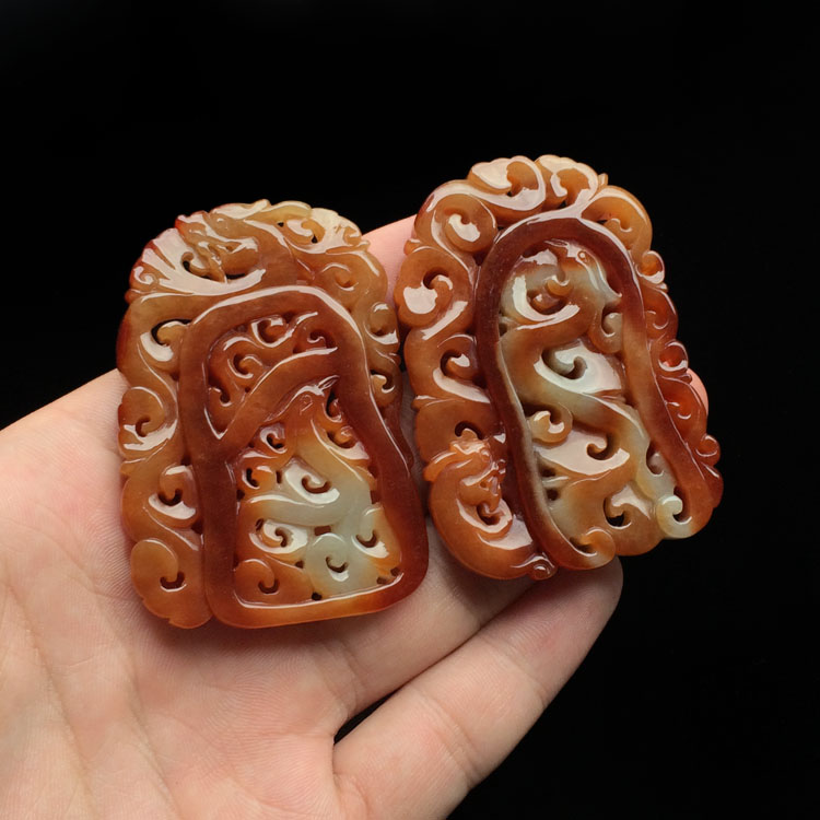 (超值推荐)糯冰种褐黄翡仿古龙凤牌挂件(一对)