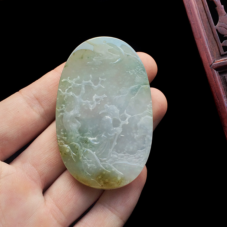 糯冰种褐黄翡飘花风雪夜归人挂件 - 其它 - 翡翠王朝