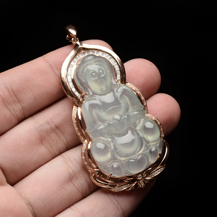 (超值推荐)冰玻种淡晴水镶玫瑰金钻石观音胸坠