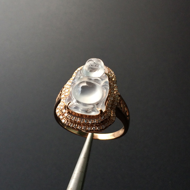 (超值推荐)冰种白色镶玫瑰金钻石站佛戒指