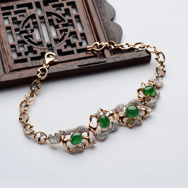 (超值推荐)冰种阳绿镶彩金钻石花想容手链 - 手链 - 翡翠王朝