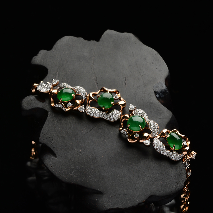 (超值推荐)冰种阳绿镶彩金钻石花想容手链 - 手链 - 翡翠王朝