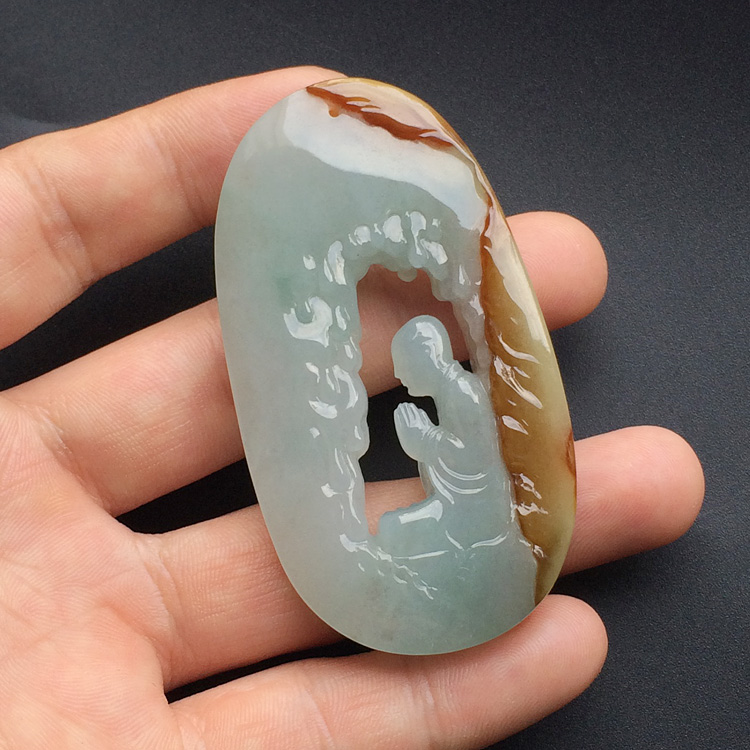 糯冰种晴水褐黄翡悟道挂件 - 人物 - 翡翠王朝