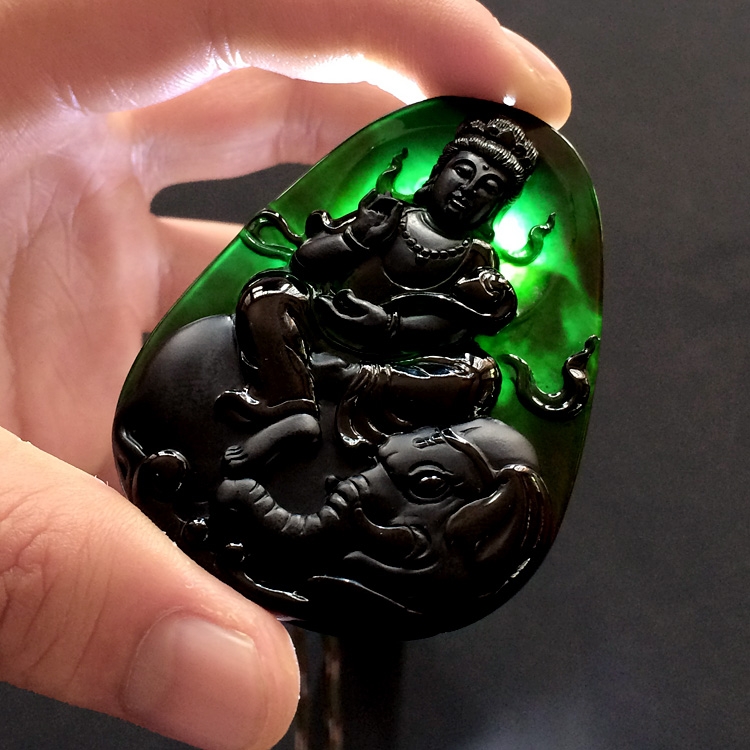 冰种墨翠普贤菩萨挂件