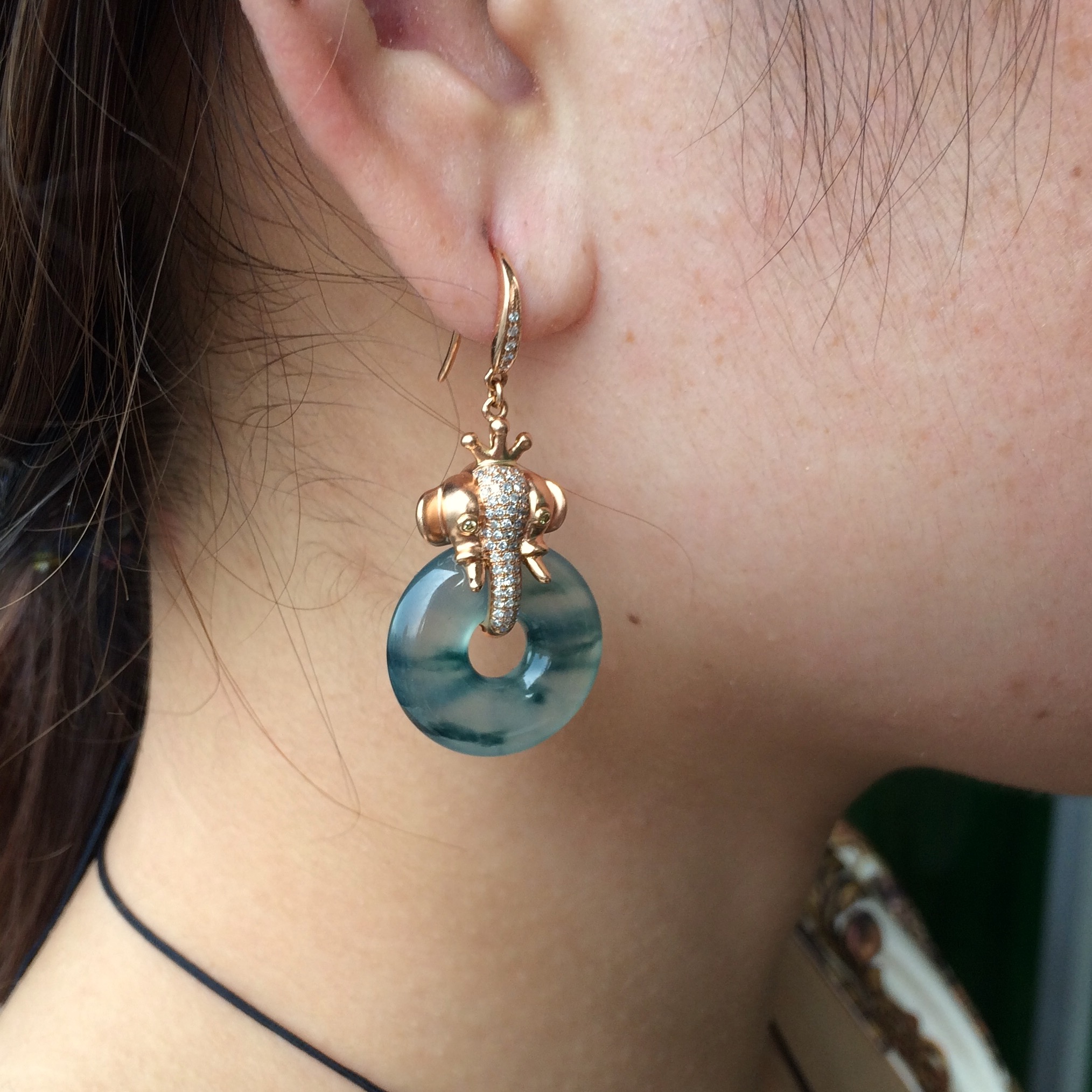 (超值推荐)冰种飘花镶玫瑰金钻石平安扣耳坠一对