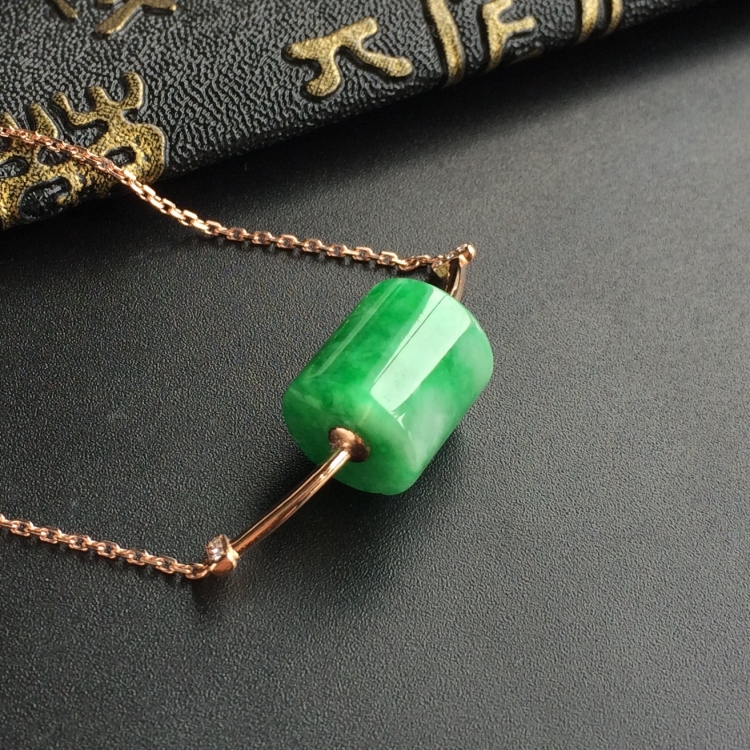 (超值推荐)糯冰种翠色镶玫瑰金路路通项链 - 项链 - 翡翠王朝